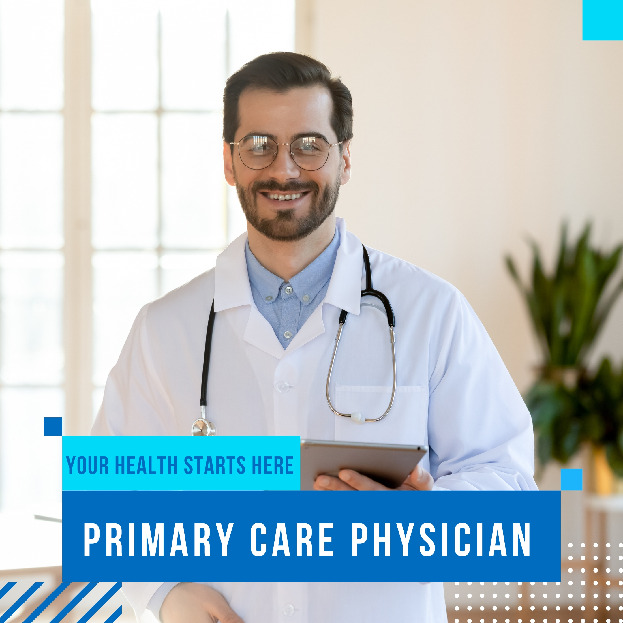 A young white physician smiling with ipad in one hand and stethoscope around neck and wearing white coat
